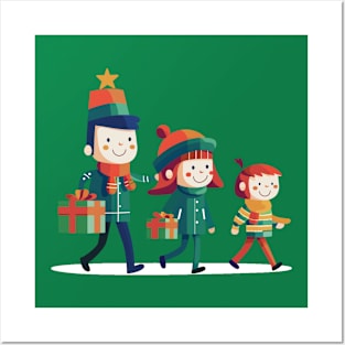 Cute Christmas Design Three Kids In Snow With Presents Posters and Art